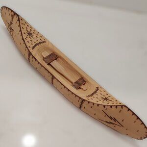 Vintage Signed Native American Handmade Carved Dugout Wood Canoe & Paddle Model
